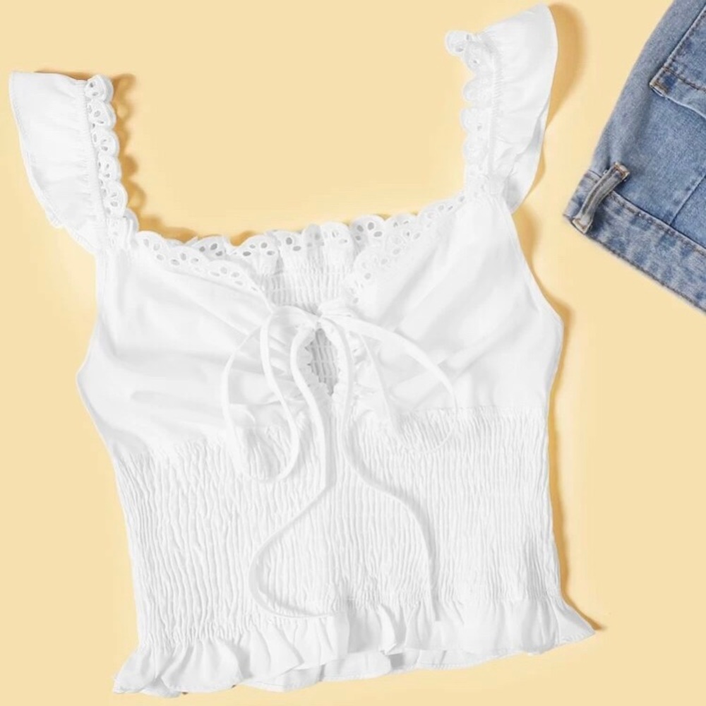 Tie Front Shirred Milkmaid Crop Top